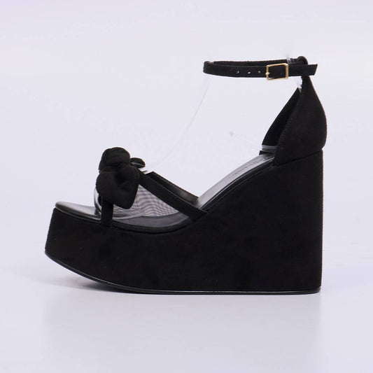 Olivia – Sandália Feminina Plataforma Anabela com Laço e Tela Olivia Preto