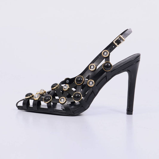 Kim – Slingback Feminino Vazado com Aplicações e Salto Fino Preto