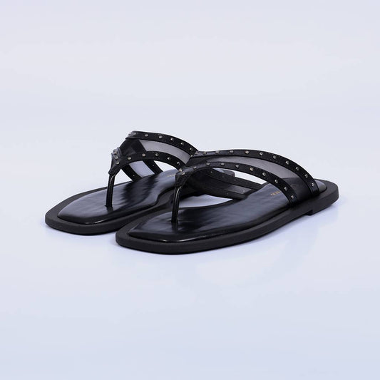 Zoe – Rasteira Feminina em Tela com Tachas Preto