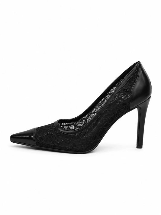 Bel – Scarpin Feminino Salto Fino Bico Fino Tela Rendada Preto