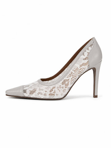 Bel – Scarpin Feminino Salto Fino Bico Fino Tela Rendada Off White
