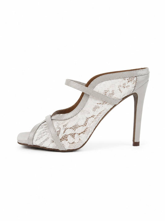 Ane – Tamanco Feminina Tela Rendada Salto Alto Tira Off White