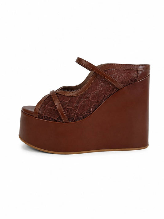 Flora – Tamanco Feminina Plataforma Anabela Meia Pata Tela Rendada New Whisk