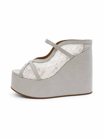 Flora – Tamanco Feminina Plataforma Anabela Meia Pata Tela Rendada Off White