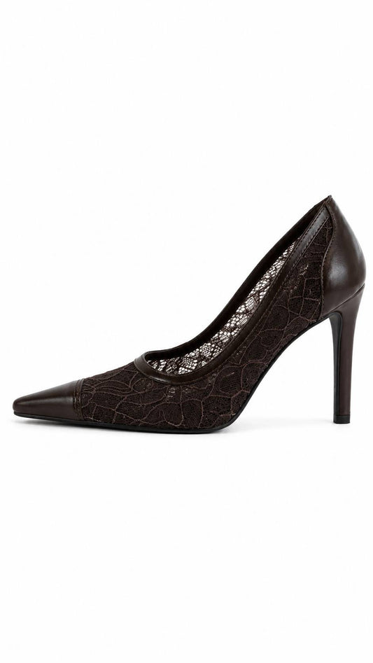 Bel – Scarpin Feminino Salto Fino Bico Fino Tela Rendada Rocha