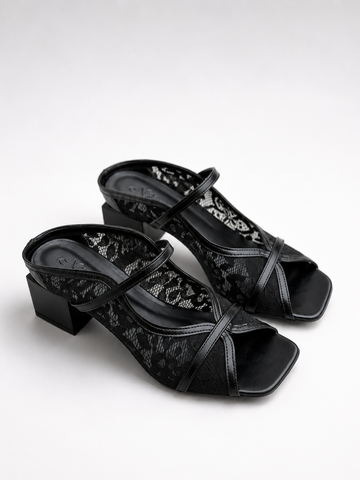 Angel – Tamanco Feminina Tela Rendada Salto Bloco Preto