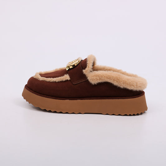 Berlim -  Mule  Feminino Plataforma Forrado Pelúcia Fivela Marrom Escuro
