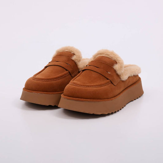 Cacau – Mule Feminino Flatforma Forrado Pelúcia Caramelo