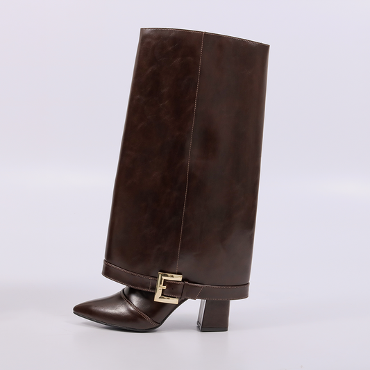 Egito – Bota Feminina Cano Médio Salto Baixo Fivela Marrom Escuro