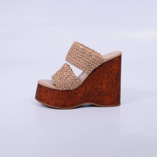 Iara – Tamanco Feminino Anabela Tiras Tramadas Bege