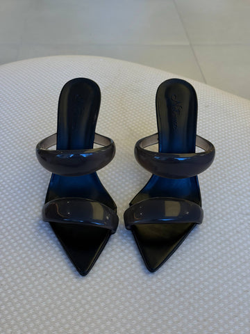 Malibu – Tamanco Feminino Vinil Salto Alto Bico Fino Preto