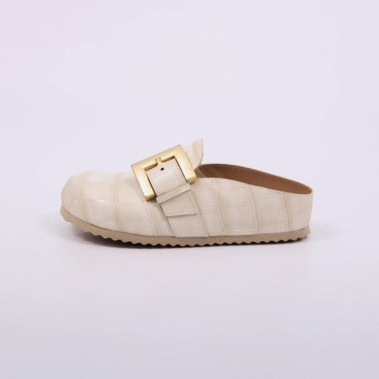 Daphine - Mule Casual Feminino Salto Tratorado Com Fivela Off White