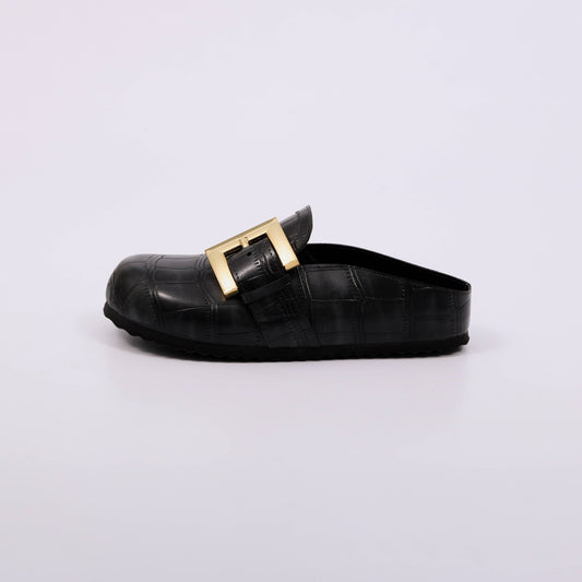 Daphine - Mule Casual Feminino Salto Tratorado Com Fivela Preto
