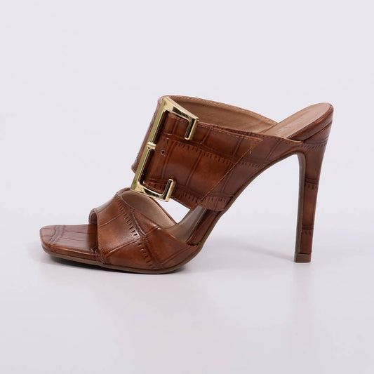 Zury - Tamanco Elegante Feminino Salto Alto Mule Fivela Caramelo