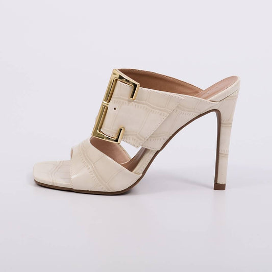 Zury - Tamanco Elegante Feminino Salto Alto Mule Fivela Off White