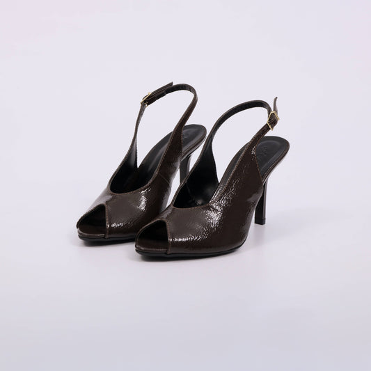 Scarlet – Slingback Feminino Salto Fino Aberto Marrom Escuro