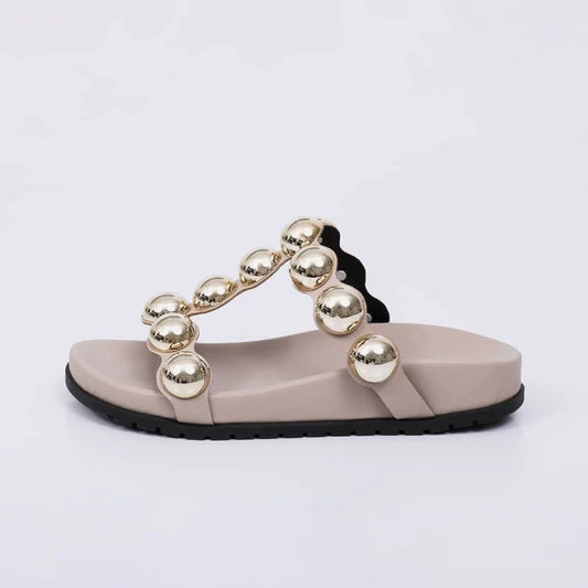 Maya - Papete Feminina Bico Redondo Aplicação em Bolas Cinza