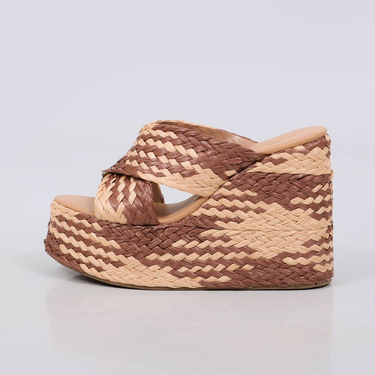 Doha - Tamanco Anabela Feminino Plataforma Trançado Caramelo/Nude