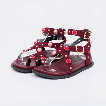 Troia - Papete Sandália Feminina Pedras Fivelas Vermelho