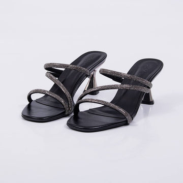 Lia - Tamanco Feminino Salto Taça Tiras Strass Preto