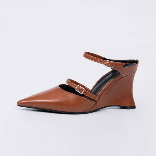 Bruma - Scarpin Feminino Anabela Tiras Fivela Dupla Preto Marrom Caramelo