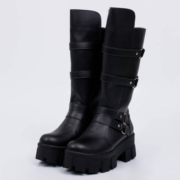 Califa - Bota Feminina Tratorado Tiras Fivelas Preta