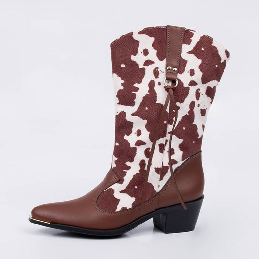 Silo - Bota Feminina Cano Curto Salto Baixo Bico Fino Vaca Marrom