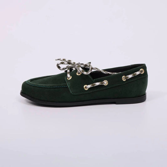 Sara - Mocassim Feminino Flat Amarração Camurça Verde
