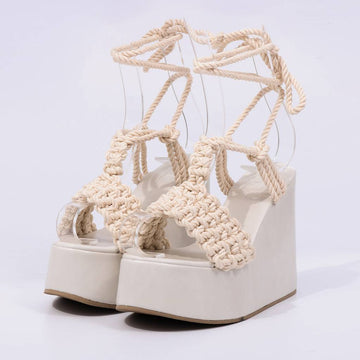Luiza - Sandália Salto Anabela Amarração Corda Off-white