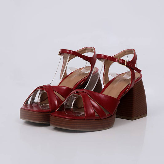 Emy - Sandália Feminina Salto Bloco Tiras Cruzadas Vinho