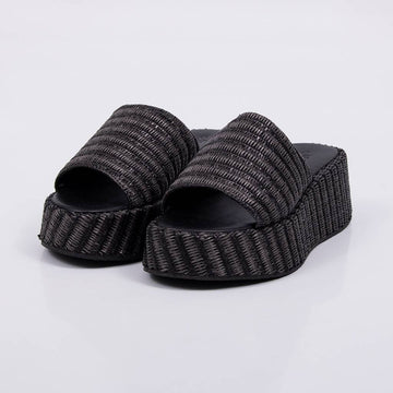 Emma - Tamanco Feminina Flatform Aplicação Palha Preto