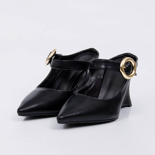 Jolie - Scarpin Feminino Anabela Tira Fivela Redonda Preto