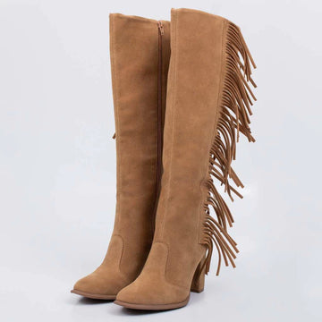 Copal - Bota Feminina Texana Cano Médio Franjas Camurça Palha