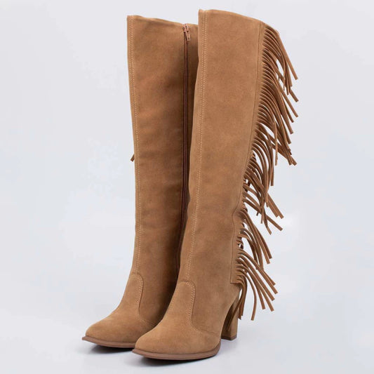 Copal - Bota Feminina Texana Cano Médio Franjas Camurça Palha