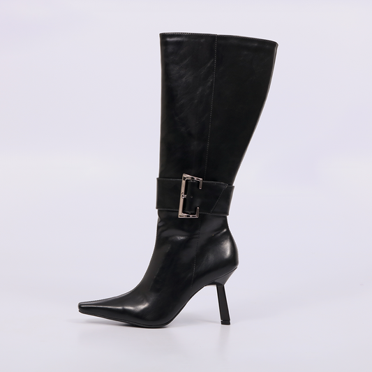 Perla - Bota Feminina Elegante Cano Médio Salto Fino Fivela Preto