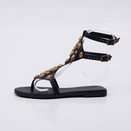 Siena - Sandália Feminina Rasteira Tachas Douradas Preta