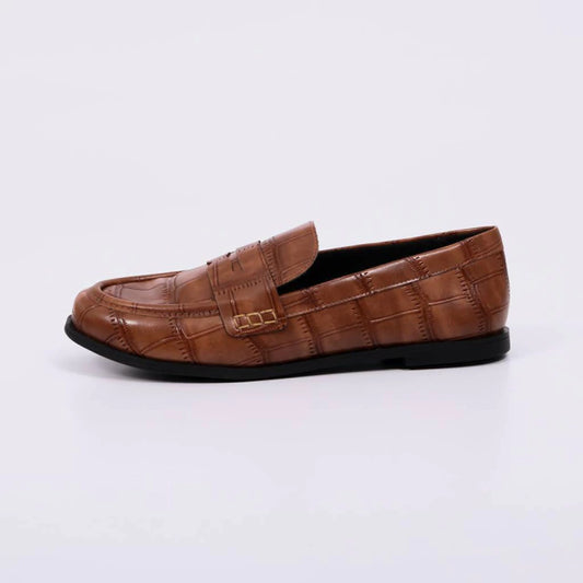 Mel - Mocassim Feminino Salto Baixo Croco Caramelo
