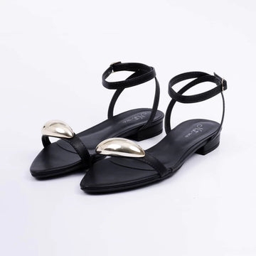 Valence - Sandália Rasteira Feminina Bico Folha Aplicação Preta