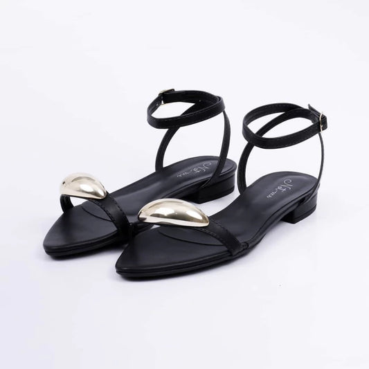 Valence - Sandália Rasteira Feminina Bico Folha Aplicação Preta