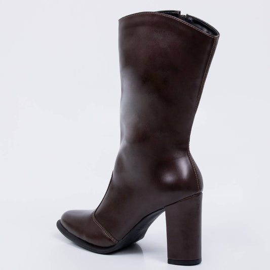 Coral - Bota Feminina Cano Médio Salto Bloco Bico Fino Marrom