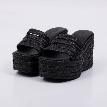 Maitê - Tamanco Feminino Anabela Plataforma Tiras Palha Preto