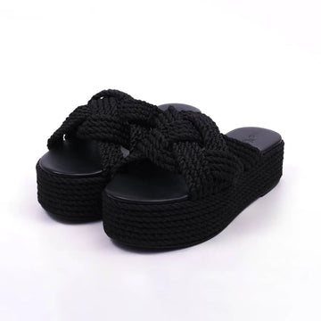 Havaí - Flatform Feminina Bico Redondo Tira Em Corda Preta