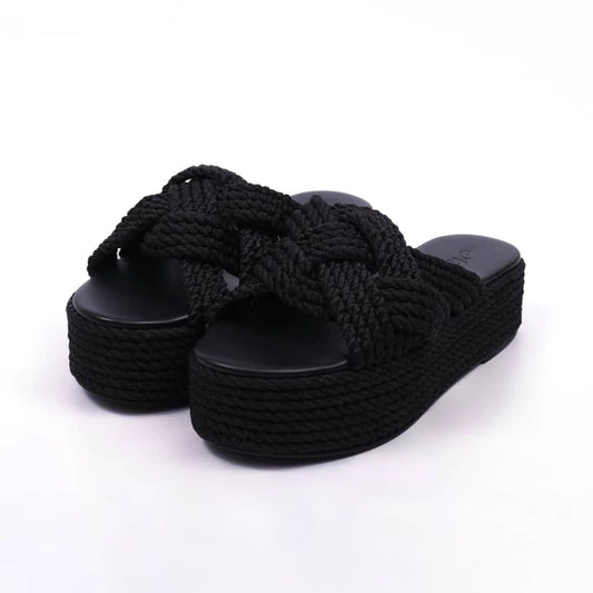 Havaí - Flatform Feminina Bico Redondo Tira Em Corda Preta