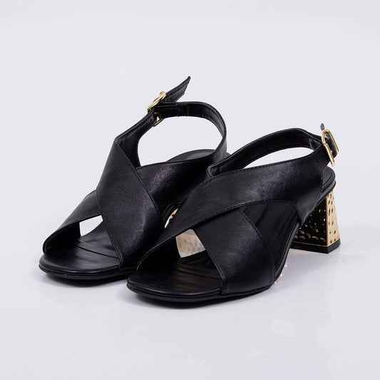 Austin - Sandália Feminina Tiras Salto Bloco Dourado Preto