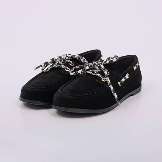 Sara - Mocassim Feminino Flat Amarração Camurça Preto