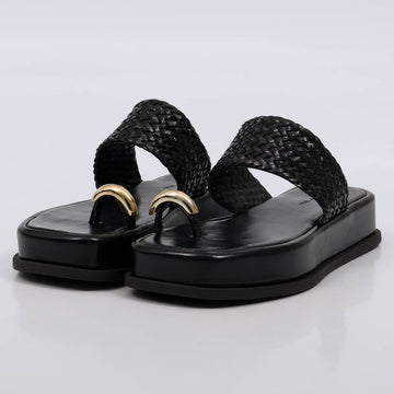Lara - Flatform Feminina Flatform Tira Trançada Argola Preto