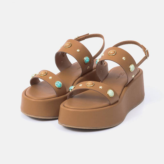Havana - Sandália Plataforma Feminina com Tiras e Aplicações Marrom