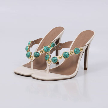 Tiana - Tamanco Feminino Salto Alto Aplicações Off White