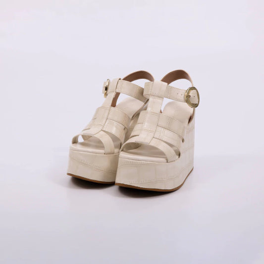 Eloah - Sandália Feminina Salto Anabela Croco Com Tiras Off White