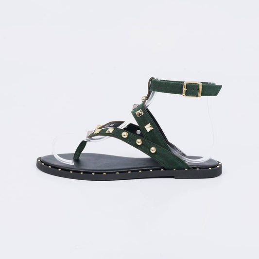 Rita - Sandália Rasteira Feminina Tachas e Fivela Verde